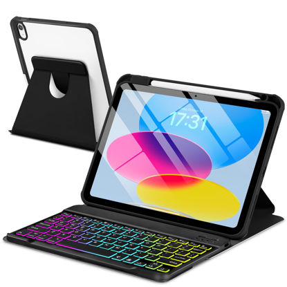 Picture of EAMPANG Case with Keyboard for iPad 10th Generation 10.9 inch 2022,7 Color Rainbow Backlit Detachable Wireless Keyboard Rotatable Magnetic Cover with Pencil Holder for iPad 10 Gen Black