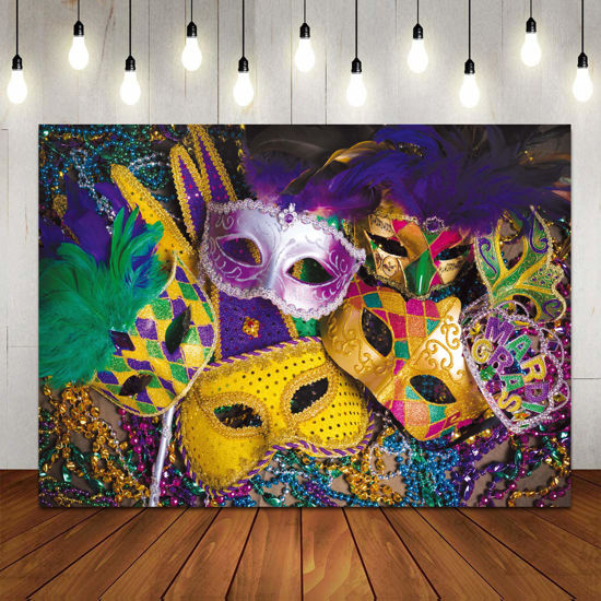 Picture of LTLYH 7x5ft Venetian Mardi Gras Decoration Backdrop Carnival Masquerade Photography Backgrounds Mask Colorful Backdrop Party Decoration Banner Studio Props 128