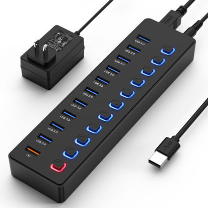 Picture of USB hub，Powered USB hub, 11-Port hub Splitter，10 USB 3.0 Data Transfer Port + 1 Smart Charging Port,Independent Switch (with LED Working Indicator) USB 3.0 Hub Powered with Power Adapter for Mac/PC