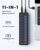 Picture of USB hub，Powered USB hub, 11-Port hub Splitter，10 USB 3.0 Data Transfer Port + 1 Smart Charging Port,Independent Switch (with LED Working Indicator) USB 3.0 Hub Powered with Power Adapter for Mac/PC