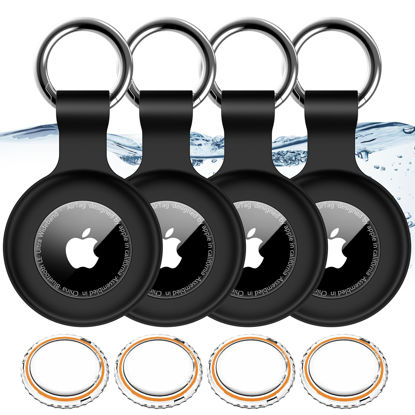 Picture of 4 Pack,IPX8 Waterproof Airtag Holder for Apple Air Tags with Air Tag Keychain,Shockproof GPS Cover [Anti-Scratch] [PC+Silicone] Air-Tag Item Finders Case for Pets,Kids,Keys,Luggages-Black+Black