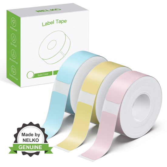 Picture of NELKO Genuine P21 Label Maker Tape, Adapted Label Print Paper, 14x40mm (0.55"x1.57"), Standard Laminated Office Labeling Tape Replacement, Multipurpose of P21, 180 Tapes/Roll, 3-Roll, Blue/Yellow/Pink