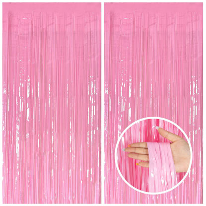 Picture of 2 Pack Party Backdrop Decorations Pink Tinsel Curtain Party Backdrop Foil Fringe Birthday Decorations Photo Booth Streamer Backdrop Pink Theme Bachelorette Graduation Party Decorations
