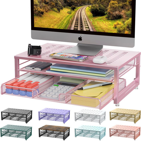 Picture of gianotter Computer Monitor Stand Riser, office organizer with Drawer, Office Organizers Storage for Classroom Office Supplies (Pink)