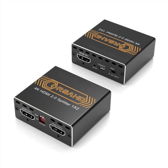 Picture of CORSAHD 4K@60Hz HDMI Splitter 1x2 4:4:4,18 Gbps,Supports Soundbar,HDCP Bypass,EDID,Duplicate/Mirror/Copy,Downscale, HDR,Dolby Vision Atmos,4K HDMI Splitter 1 in 2 Out for Dual Monitors