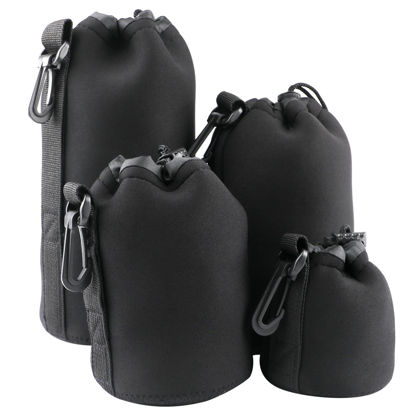 Picture of 4pcs Camera Lens Bag,4 Sizes Protective Camera Lens Pouch Set with Drawstring Design,Soft Plush Neoprene Bag,Compatible with Canon, Nikon, Sony, Pentax, Olympus (Small, Medium, Large, X Large)