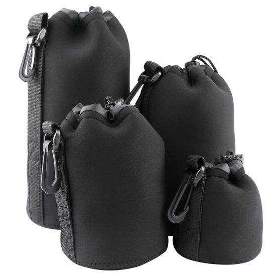 Picture of 4pcs Camera Lens Bag,4 Sizes Protective Camera Lens Pouch Set with Drawstring Design,Soft Plush Neoprene Bag,Compatible with Canon, Nikon, Sony, Pentax, Olympus (Small, Medium, Large, X Large)
