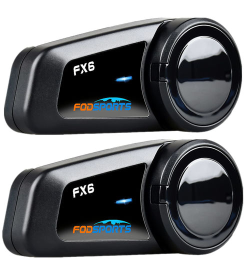 Picture of FODSPORTS Motorcycle Bluetooth Headset 2 Pack FX6 1000M 6 Riders Group Motorcycle Intercom Universal Bluetooth Motorcycle Helmet Communication System Voice Command 2 Port Design