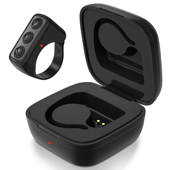 Picture of Fingertip Bluetooth Remote Control TIK TOK Wireless Page Turner TYUOBOX Camera Remote Shutter Selfie Button Controller with Charging Case for iPhone Android Ipad Cell Phone (Black)