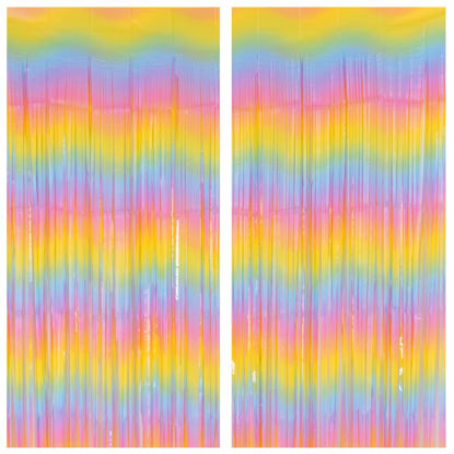 Picture of 2 Pack Macaron Rainbow Foil Fringe Curtain Backdrop, 3.2Ft x 8.2Ft Colorful Metallic Tinsel Curtains Plastic Streamers Door Curtain for Photo Booth Baby Shower Birthday Christmas Party Decoration