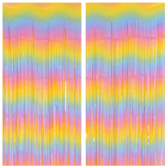 Picture of 2 Pack Macaron Rainbow Foil Fringe Curtain Backdrop, 3.2Ft x 8.2Ft Colorful Metallic Tinsel Curtains Plastic Streamers Door Curtain for Photo Booth Baby Shower Birthday Christmas Party Decoration
