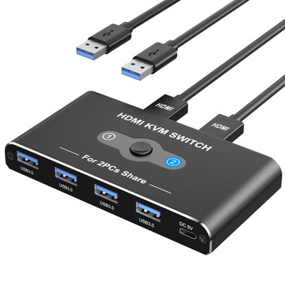Picture of KVM Switch, KVM Switch 1 Monitors 2 Computers, HDMI Switch, 4K@60Hz KVM Switches for 2 Computers Sharing 1 Monitor, 4 USB 3.0 Devices Such as Keyboard, Mouse, Printer, Scanner