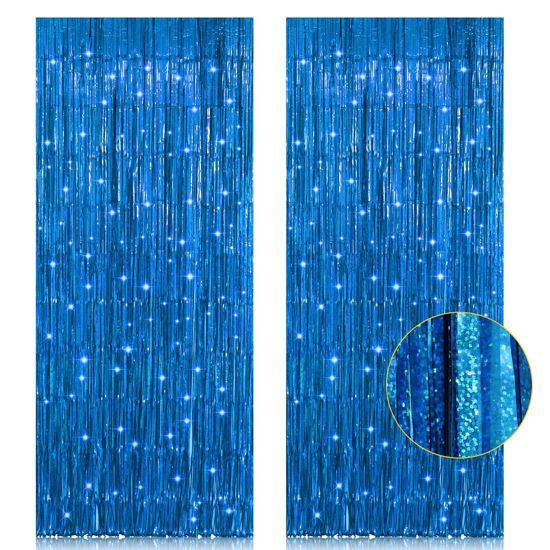 Picture of 2 Pack 3.2ft x 8.2ft Blue Foil Fringe Curtains Photo Backdrop Party Decorations, Metallic Tinsel Foil Fringe Streamer Curtains for Party Door Wall Curtains Bachelorette Christmas New Year Decorations
