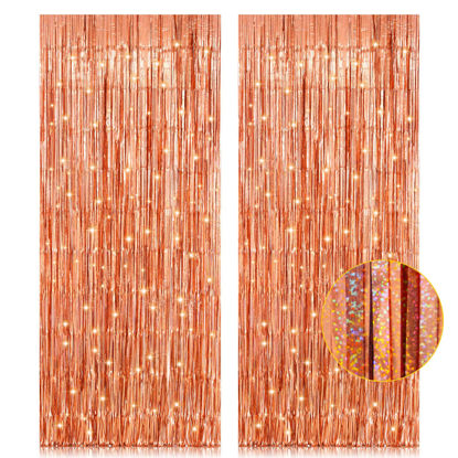 Picture of 2 Pack 3.2ft x 8.2ft Rose Gold Foil Fringe Curtain Backdrop, Metallic Tinsel Foil Fringe Streamer Curtains Photo Booth Props, Ideal for Bachelorette Birthday Christmas New Year Party Decorations