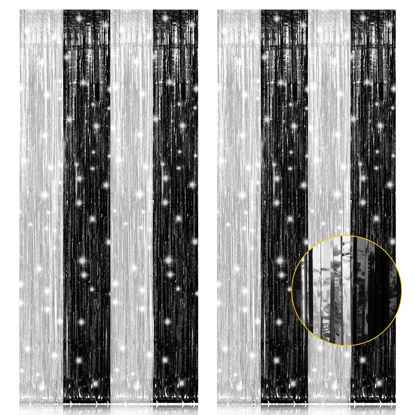 Picture of PIGETALE, 2 Pack 3.2 x 8.2 ft Black and Silver Foil Fringe Curtains Party Decorations, Sparkle Tinsel Curtain Photo Backdrop for Birthday Wedding Graduation Stream
