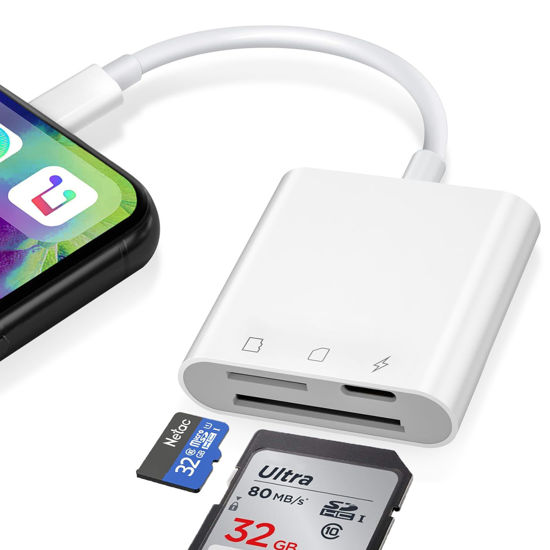 Picture of Denlane SD Card Reader for iPhone, SD & Micro SD Dual Slots Memory Card Reader for iPad, Digital Camera Card Adapter Plug and Play, Trail Game Camera SD Card Viewer, Simultaneous Charging and Reading
