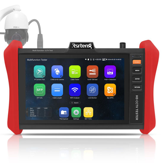 Picture of Rsrteng CCTV Tester 4K 12MP IP Camera Tester POE++ Max 90W POE Camera Tester 8MP TVI/CVI/AHD/CVBS Coaxial Camera Tester,1CH SFP Module,WiFi,Network Tools,Cable Tester,HDMI/VGA,POE Detection