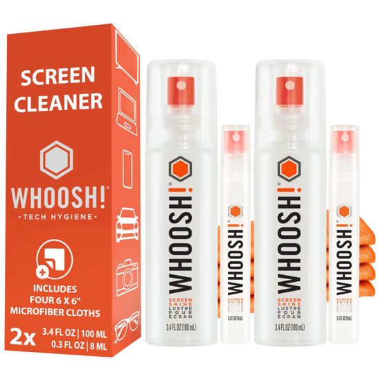 Picture of WHOOSH! Laptop Screen Cleaner Spray and Wipe [Set of 2] - 3.4 + 0.3 fl oz + 2 Microfiber Cloths - Duo with Large & Travel Size Bottles for Eyeglass Cleaner & Car Screen Cleaner- iPhone Cleaning Kit