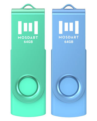 Picture of MOSDART 64GB USB 2.0 Flash Drive, with Keychain Loop, Swivel Design with LED Light, exFAT Memory Stick for Computers, System Backup, Data Storage, Green and Blue (Pack of 2)
