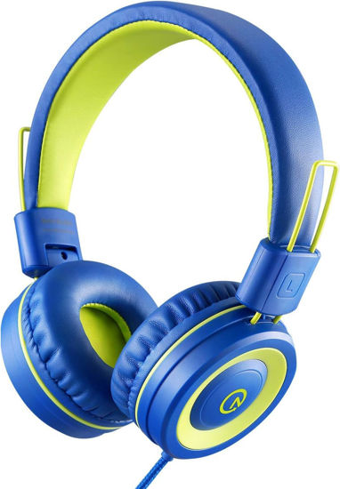 Picture of noot products Kids Headphones with Microphone K12 Stereo 5ft Long Cord with 85dB/94dB Volume Limit Wired On-Ear Headset for iPad/Amazon Kindle,Fire/Toddler/Boys/Girls/School(Blue/Lime)