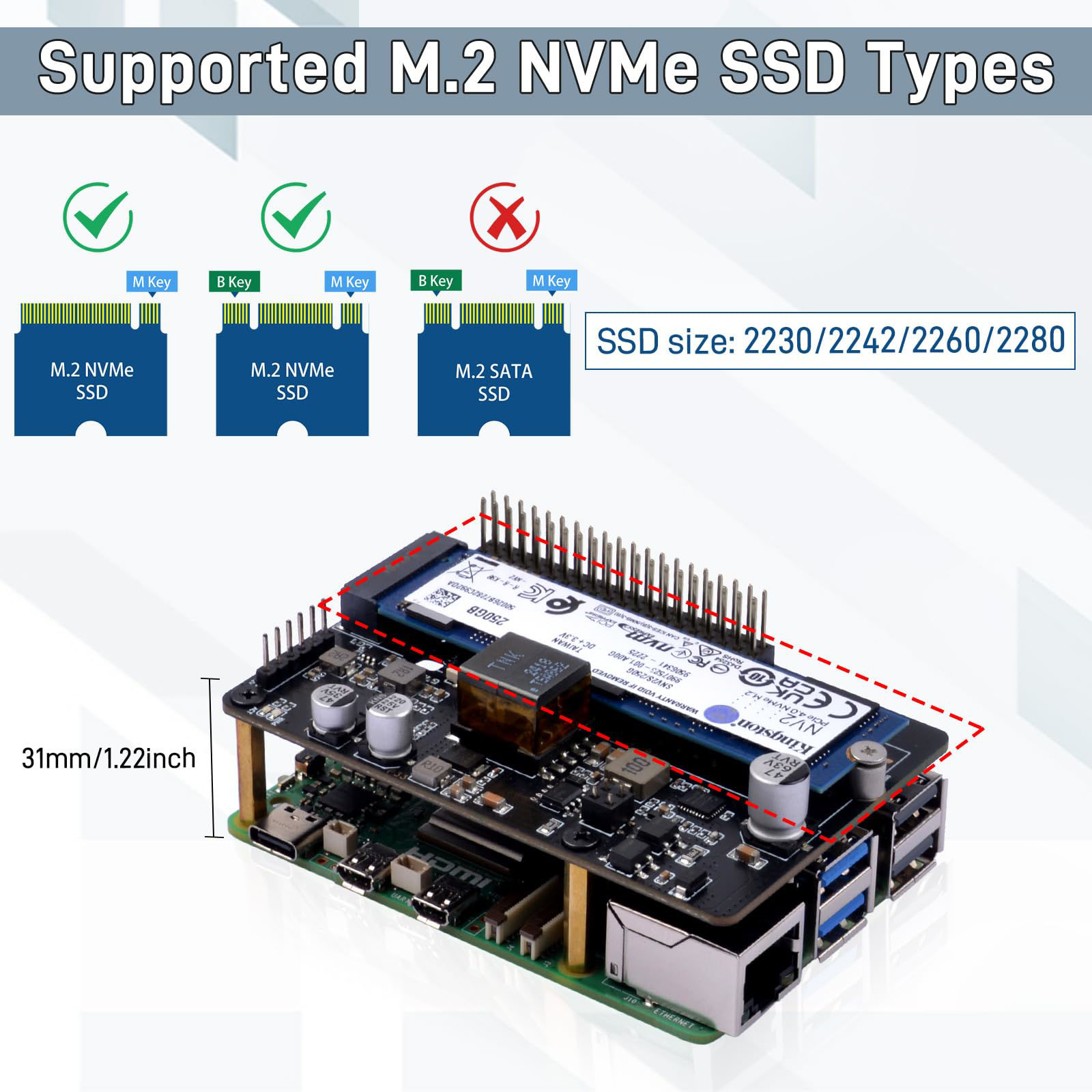 Carte Double NVMe Pour Raspberry Pi 5 - N20 Avec ASM1182e - Compatible 2 SSD M.2 2242 - Alimentation Via GPIO Et PCIe