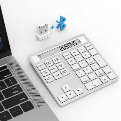 Picture of Bluetooth Number Pad - 2.4G Wireless Numeric Keypad with Display Calculator - Wireless Number Pad Slim 34-Key Portable Financial Accounting Numpad Data Entry &Calculation 2in1 for Laptop Desktop White