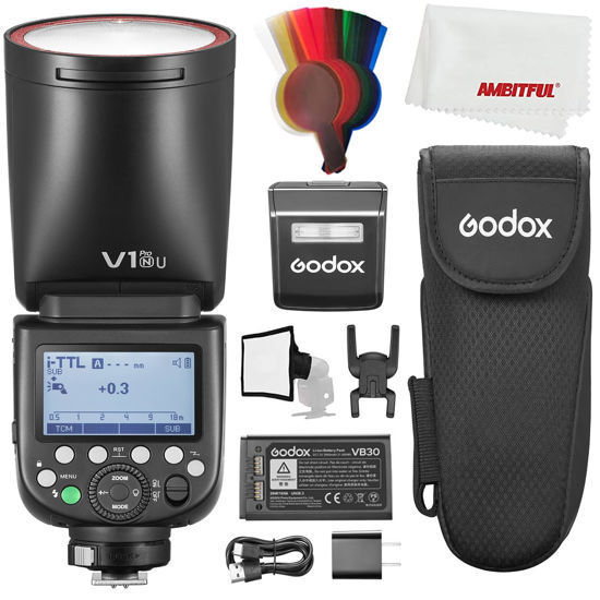 Picture of Godox V1pro N V1Pro-N USA Version TTL Round Head Camera Flash,76Ws HSS 1/8000s,Built-in Lithium Battery,LED Modeling Lamp, lnnovative External Flash SU-1 for Nikon Camera