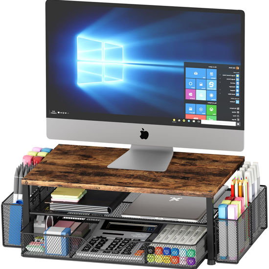 Picture of OPNICE Desk Organizers and Accessories, 2-Tier Computer Monitor Stand for Desk Organizer with Drawer and 2 Pen Holders, Office Desk Accessories Workspace Desktop Organizers for Office Supplies, Wooden