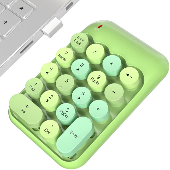 Picture of MOWUX Wireless Number Pads, Cute Colorful Numeric Keypad Numpad Portable 2.4 GHz Financial Accounting Number Keyboard Extensions, 18 Key Number Numpad for Laptop Desktop, PC (Green)