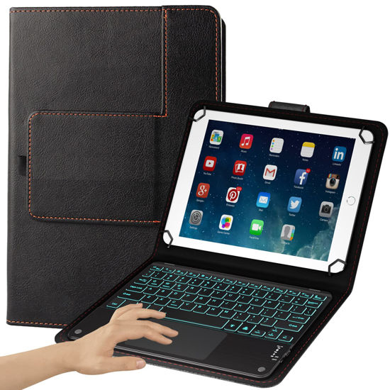 Picture of eoso TouchPad Keyboard case for 9",9.7",10.1",10.2",10.5",10.9",11" Tablets,2-in-1 Bluetooth Wireless Keyboard with Touchpad,7 Colors Backlit & Leather Folio Cover(Black)