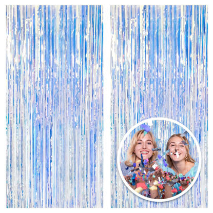 Picture of 2 Pack Foil Curtain Backdrop Iridescent Metallic Tinsel Foil Fringe Curtains Photo Booth Props for Birthday Wedding Engagement Baby Shower Bachelorette Christmas Holiday Celebration Party Decorations