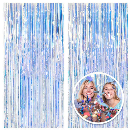 Picture of 2 Pack Foil Curtain Backdrop Iridescent Metallic Tinsel Foil Fringe Curtains Photo Booth Props for Birthday Wedding Engagement Baby Shower Bachelorette Christmas Holiday Celebration Party Decorations