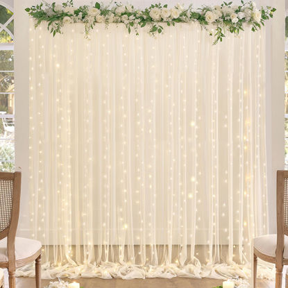 Picture of Champagne Tulle Backdrop Curtain with Lights String for Parites Wedding 10x8ft Champagne Sheer Backdrop Curtains for Bridal Baby Shower Valentine's Day Birthday Party Photo Booth Props Decorations
