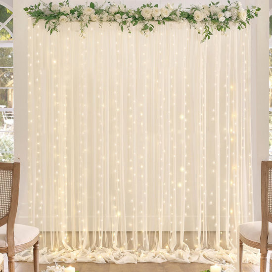 Picture of Champagne Tulle Backdrop Curtain with Lights String for Parites Wedding 10x8ft Champagne Sheer Backdrop Curtains for Bridal Baby Shower Valentine's Day Birthday Party Photo Booth Props Decorations