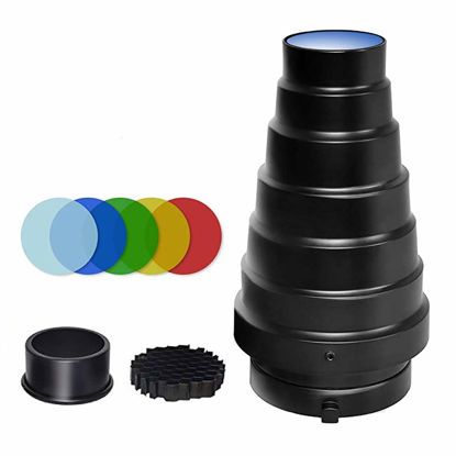 Picture of Soonpho Aluminium Alloy Conical Snoot Kit for Bowens Mount Strobe Flash Speedlite Photography,Honeycomb Grid and 5 Pieces Color Filters for Bowens Mount Strobe Flash Speedlite