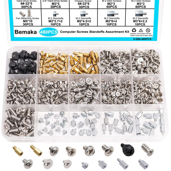 Picture of Bemaka 480PCS M.2 Screws Motherboard Standoffs Screws Computer Screws Assortment Kit, NVMe Screws M.2 SSD Mounting Screws for Motherboard, SSD, HDD Hard Drive, PC Fan, PC Case