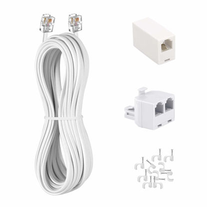 Picture of KINXIYU Phone Cord 25FT, Landline Telephone Cable with RJ11 Plug, Includes Telephone Inline Coupler RJ11 Splitter and 10pcs Cable Clips(White)