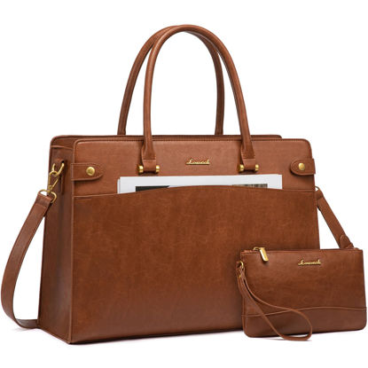 Picture of LOVEVOOK Laptop Tote Bag For Women Work, Vintage Leather Computer Bags For Laptops For Women, Waterproof Laptop Bag Business Briefcase Office Large Shoulder Handbag Purse, 15.6 Inch, Brown