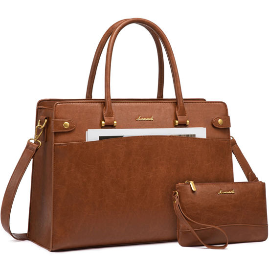 Picture of LOVEVOOK Laptop Tote Bag For Women Work, Vintage Leather Computer Bags For Laptops For Women, Waterproof Laptop Bag Business Briefcase Office Large Shoulder Handbag Purse, 15.6 Inch, Brown