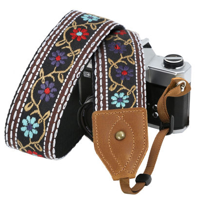 Picture of Padwa Lifestyle 2" Wide Classic Crazy Horse Art Cowhide Head Camera Strap - Jacquard Embroidery Floral Vintage Camera Straps for Photographers Gift, Adjustable Shoulder Neck Strap Fits DSLR Cameras