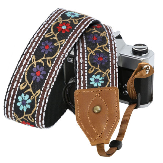 Picture of Padwa Lifestyle 2" Wide Classic Crazy Horse Art Cowhide Head Camera Strap - Jacquard Embroidery Floral Vintage Camera Straps for Photographers Gift, Adjustable Shoulder Neck Strap Fits DSLR Cameras