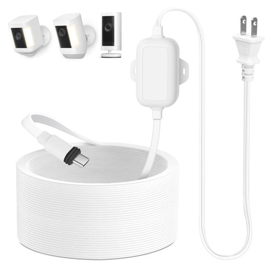 Picture of 30ft Power Adapter Compatible with Spotlight Cam Plus/Pro (Battery), Long Flat and Weather Resistant Extension Power Cord for Security Camera, White