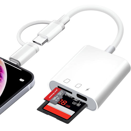 Picture of Denlane SD Card Reader for iPhone iPad Mac Dual Connector, Digital Camera Memory Card Adapter to iPhone with SD/Micro SD/Charging Slot, Lightning & USB C SD Card Viewer for Photography, Plug and Play