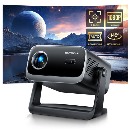 Picture of [Electric Focus & Auto Keystone] Mini Projector with WiFi Bluetooth, PUTRIMS Portable 1080P Support Movie Projector 145° Rotatable 50% Zoom Fully Sealed Small Projector for Phone TV Stick HDMI USB