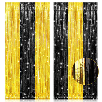 Picture of PIGETALE, 2 Pack 3.2x8.2 Feet Black and Gold Tinsel Backdrop Party Decorations, Foil Fringe Curtains Backdrop for Birthday Graduation Wedding Engagement Bridal