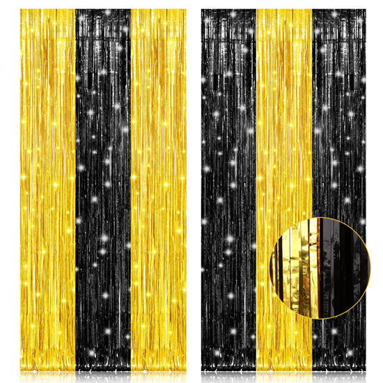Picture of PIGETALE, 2 Pack 3.2x8.2 Feet Black and Gold Tinsel Backdrop Party Decorations, Foil Fringe Curtains Backdrop for Birthday Graduation Wedding Engagement Bridal