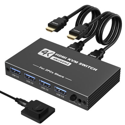 Picture of USB 3.0 HDMI KVM Switch 1 Monitors 2 Computers, 4K@60Hz KVM Switch, USB Switch, KVM Switches for 2 Computers Sharing Monitor Keyboard Mouse Printer, Included 2 HDMI Cables 2 USB Cables and Controller