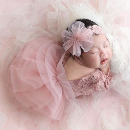 Picture of Ylsteed Newborn Girl Photoshoot Outfits Lace Newborn Photography Outfits Girl Photo Props for Newborn Girl Elastic Romper with Headband Baby Elegant Gorgeous Photography Outfit - Pink