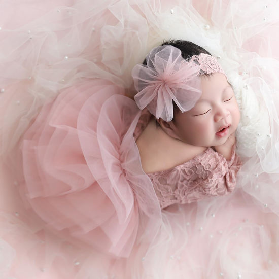 Picture of Ylsteed Newborn Girl Photoshoot Outfits Lace Newborn Photography Outfits Girl Photo Props for Newborn Girl Elastic Romper with Headband Baby Elegant Gorgeous Photography Outfit - Pink