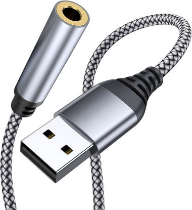 Picture of USB to 3.5mm Jack Audio Adapter, 39 inch USB to Audio Aux Cable External Stereo Sound Card, USB to 3.5mm TRRS Female Headset for PS4/PS5/Headphone/Mac/Linux/Laptop/Desktops/Docking Station